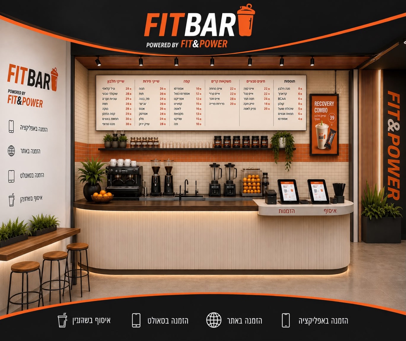 עמדת ה-FIT-BAR: דלפק, מכונת קפה ולוח תפריט